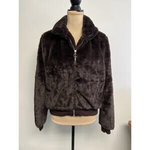 Faux Fur Brown Coat Y2K Style Retro Large Bomber Zip Up Soft Glam Old Hollywood